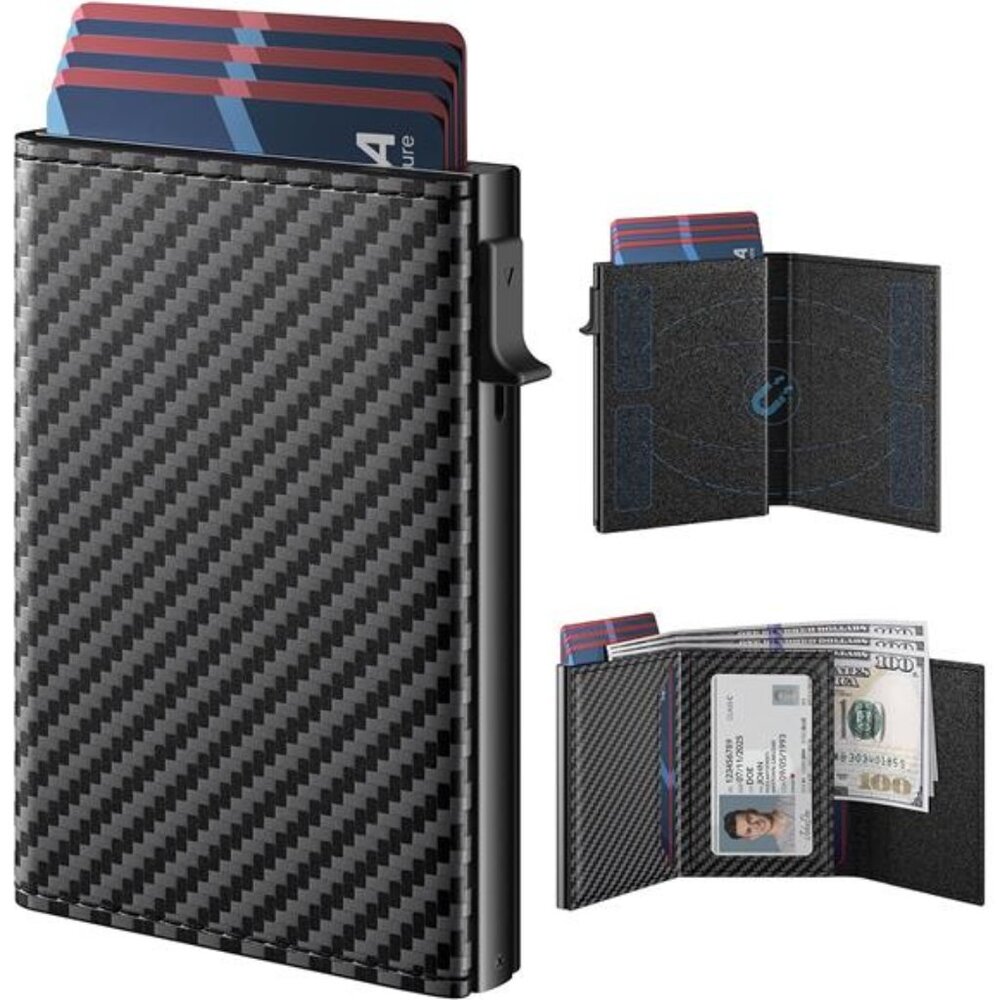 Mens Wallet Card Holder Pop Up Aluminum Case Genuine Leather RFID Blocking
